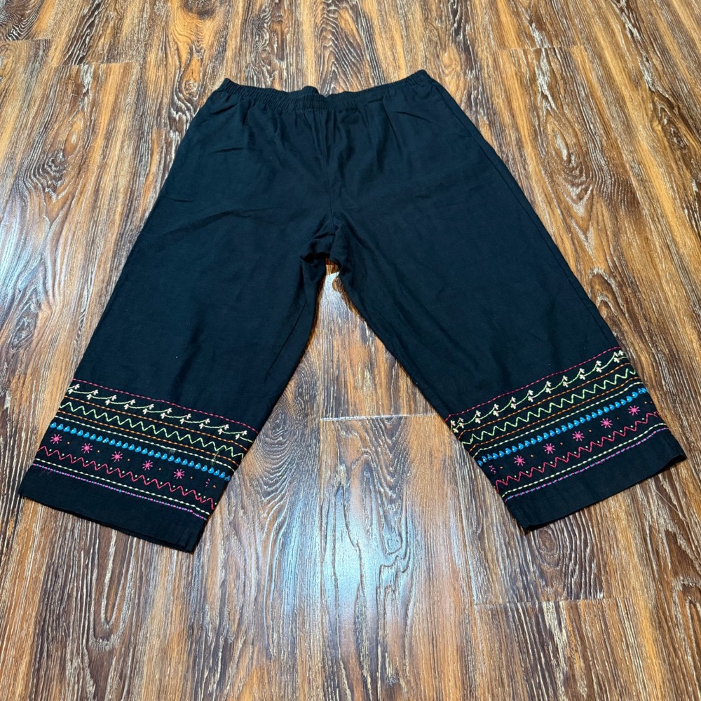 Stonebridge Black Linen Blend Embroidered Hem Cropped Wide Leg Pants PL Petite L